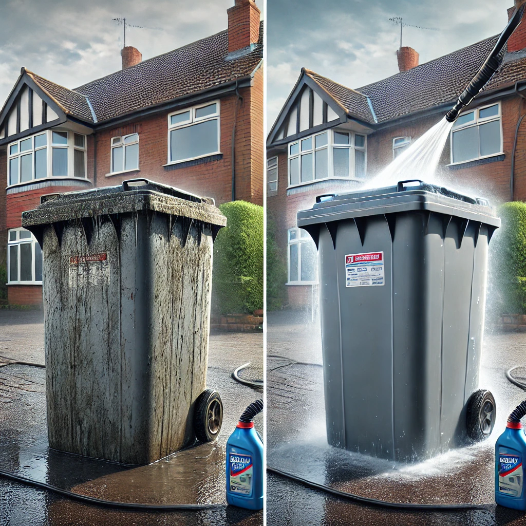 Wheelie bin being washed in Manchester